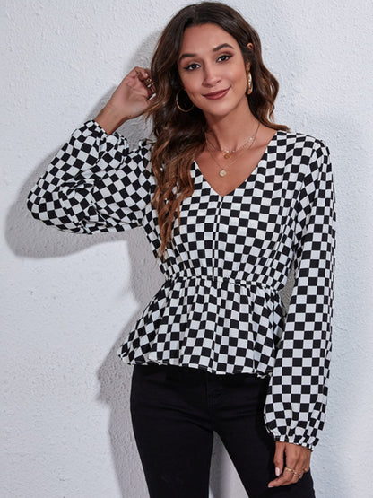 Checkered V-Neck Balloon Sleeve Peplum Blouse