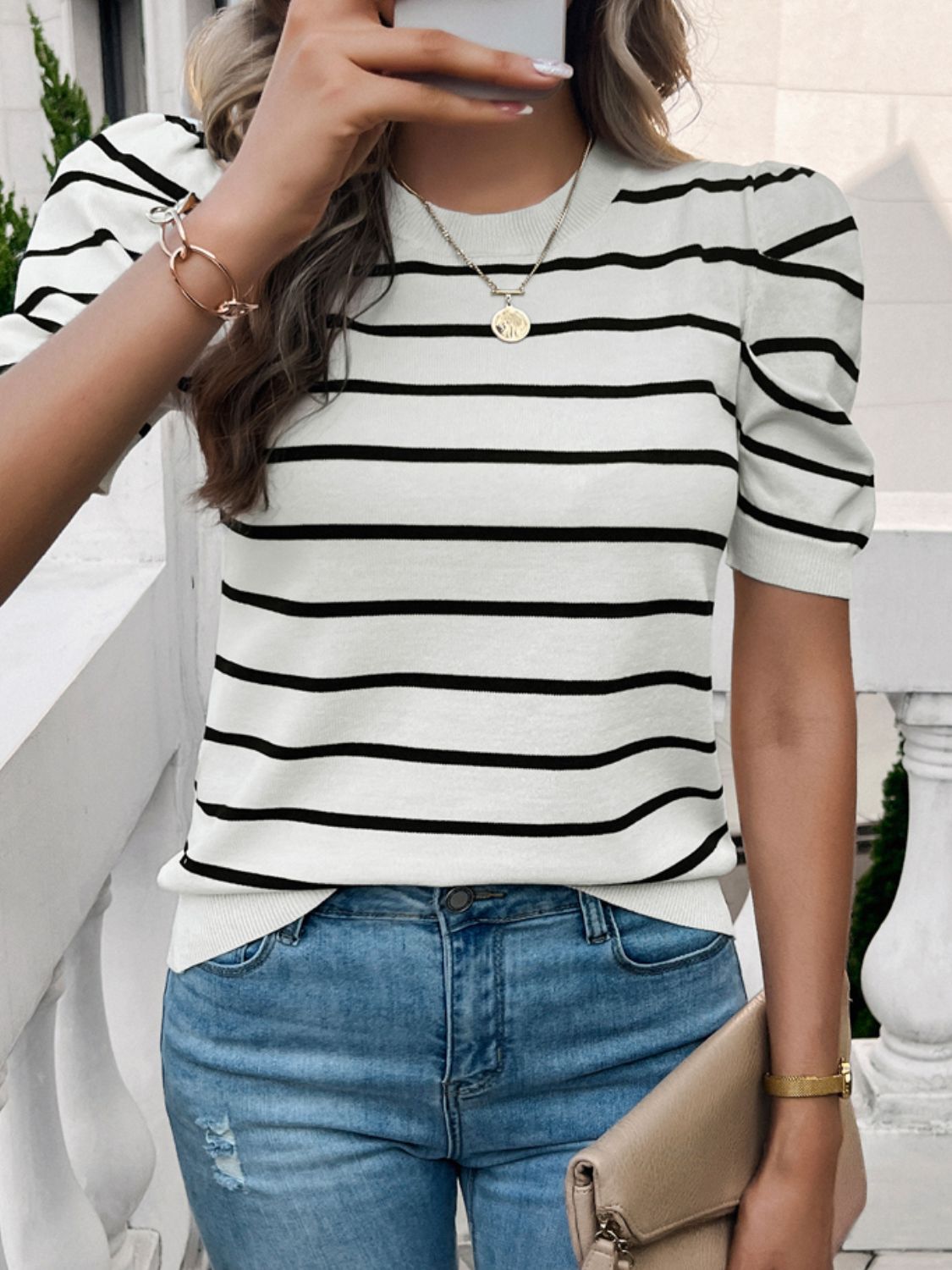 Devine Striped Round Neck Puff Sleeve Knit Top