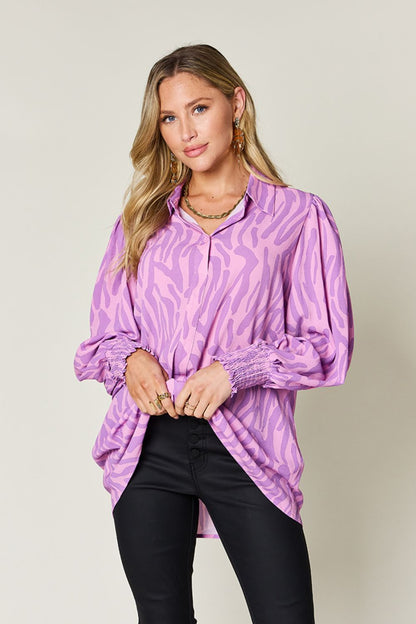 Double Take Full Size Printed Smocked Long Sleeve Blouse