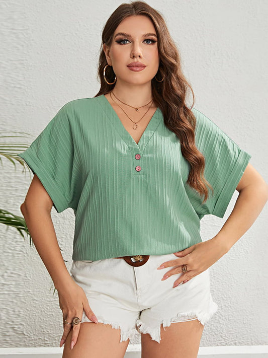 Honey Plus Size Buttoned V-Neck Short Sleeve Top