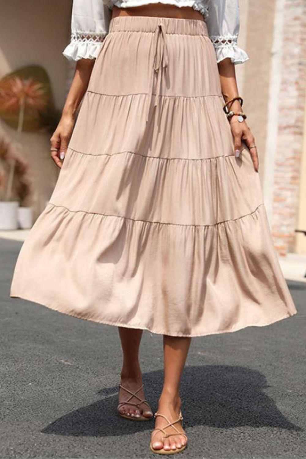 Perfee Elastic Waist Tiered Midi Skirt