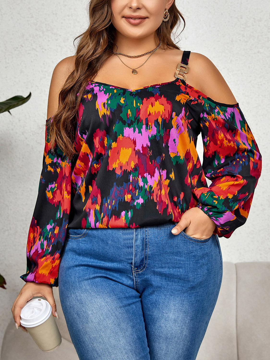 Honey Plus Size Printed Cold Shoulder Long Sleeve Blouse