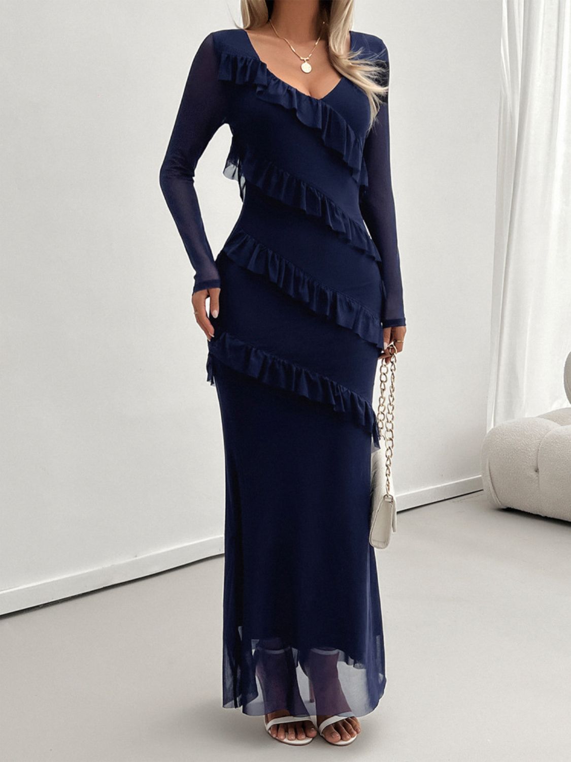 Devine Ruffled Surplice Long Sleeve Maxi Dress