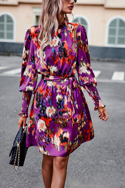 Devine Printed Tie Waist Mock Neck Lantern Sleeve Dress