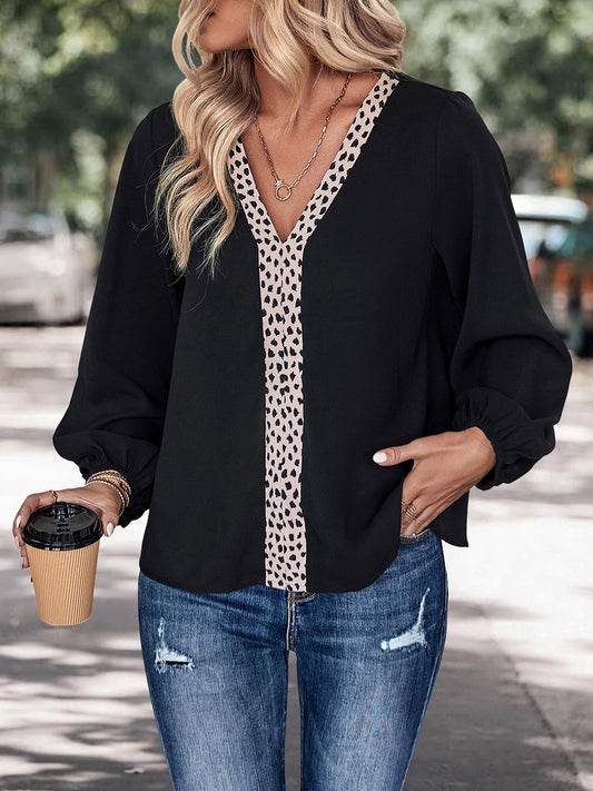 Perfee Contrast V-Neck Long Sleeve Blouse