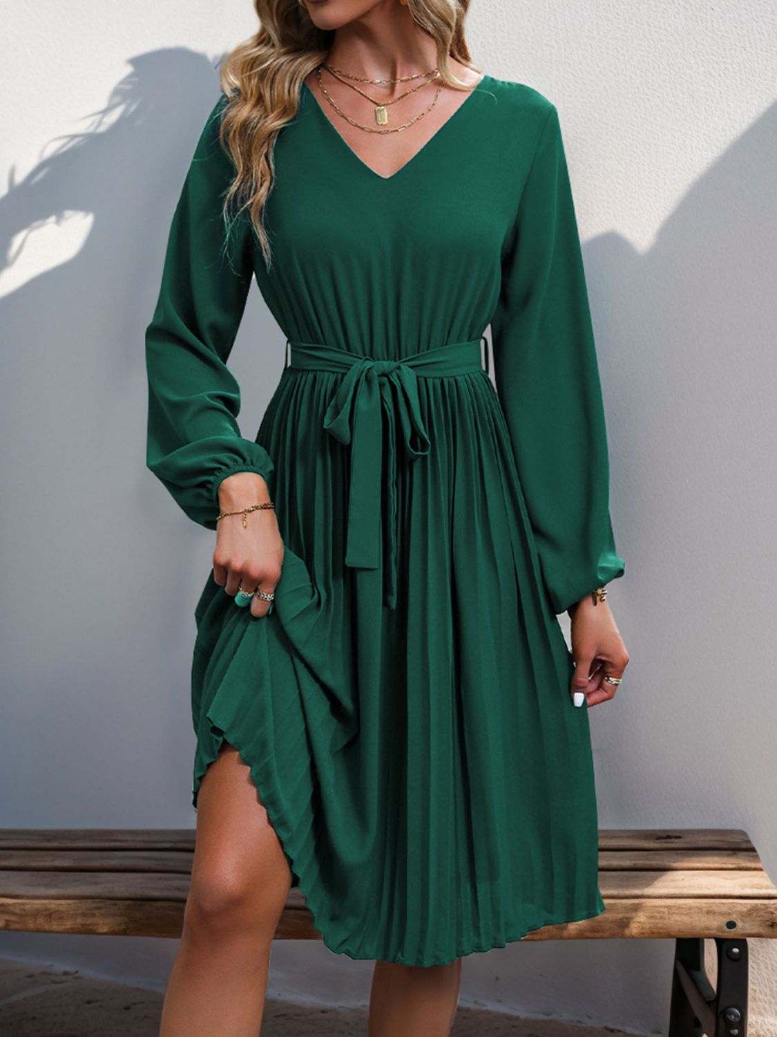 Perfee Lace V-Neck Long Sleeve Pleated Dress