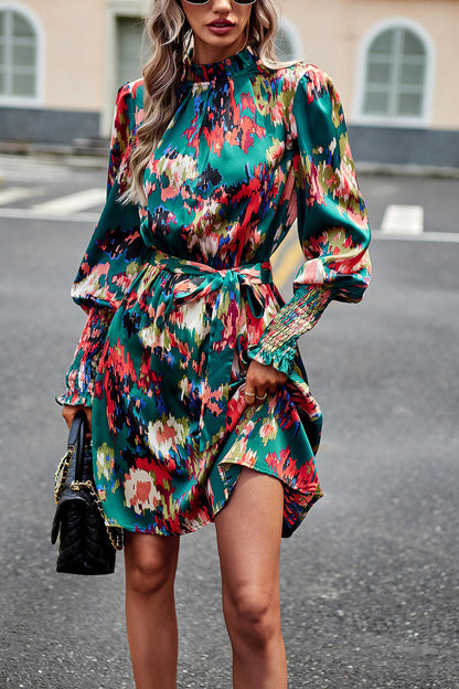 Devine Printed Tie Waist Mock Neck Lantern Sleeve Dress