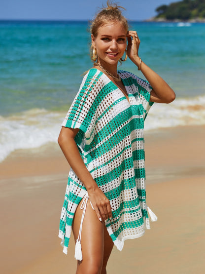 Angel Wings Tassel Openwork Striped V-Neck Cover Up