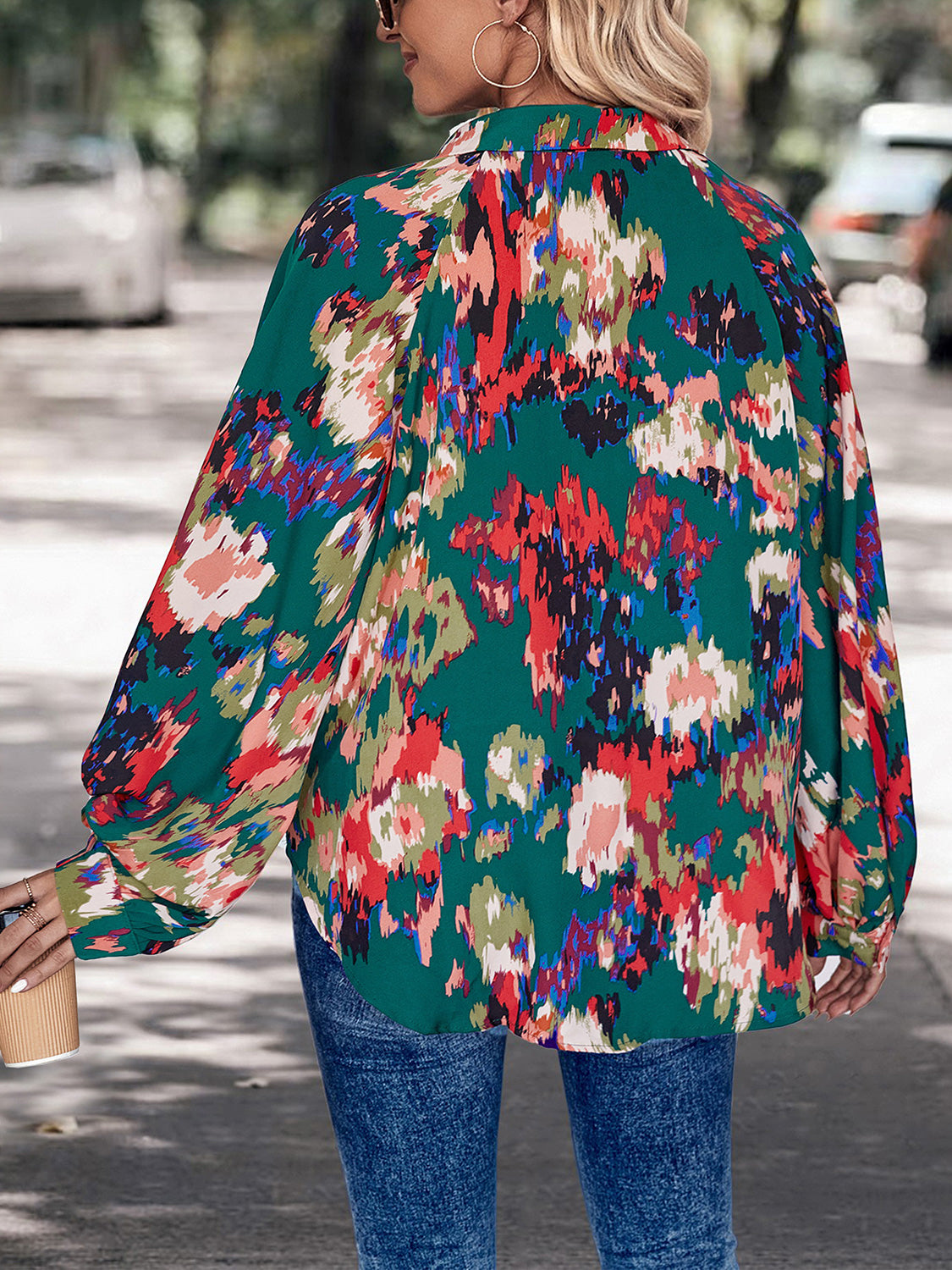 Perfee Printed Johnny Collar Long Sleeve Blouse