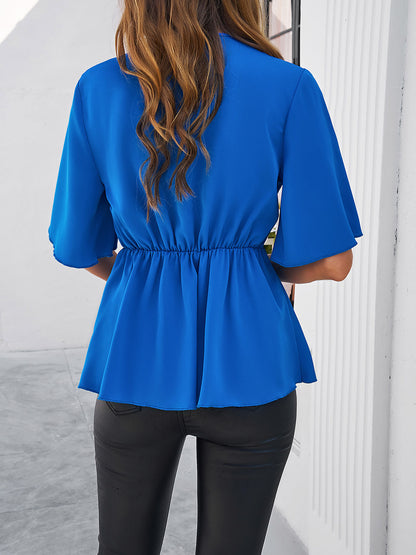 Devine Surplice Tie Waist Half Sleeve Blouse