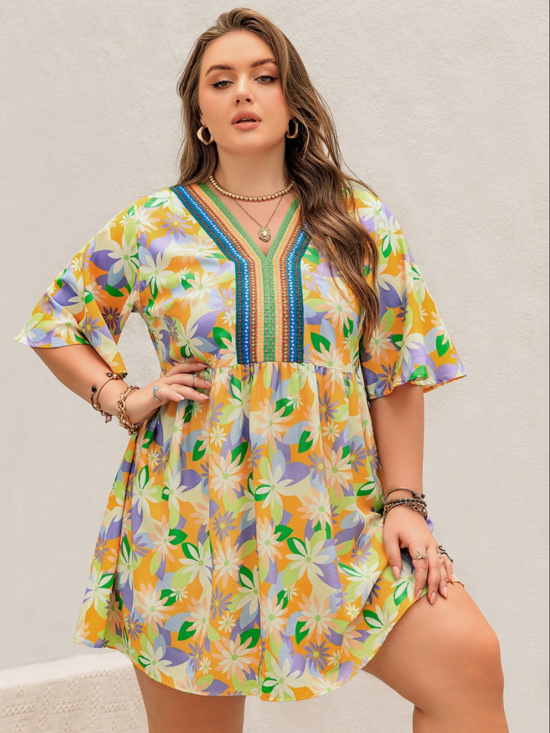 Plus Size Printed V-Neck Half Sleeve Mini Dress