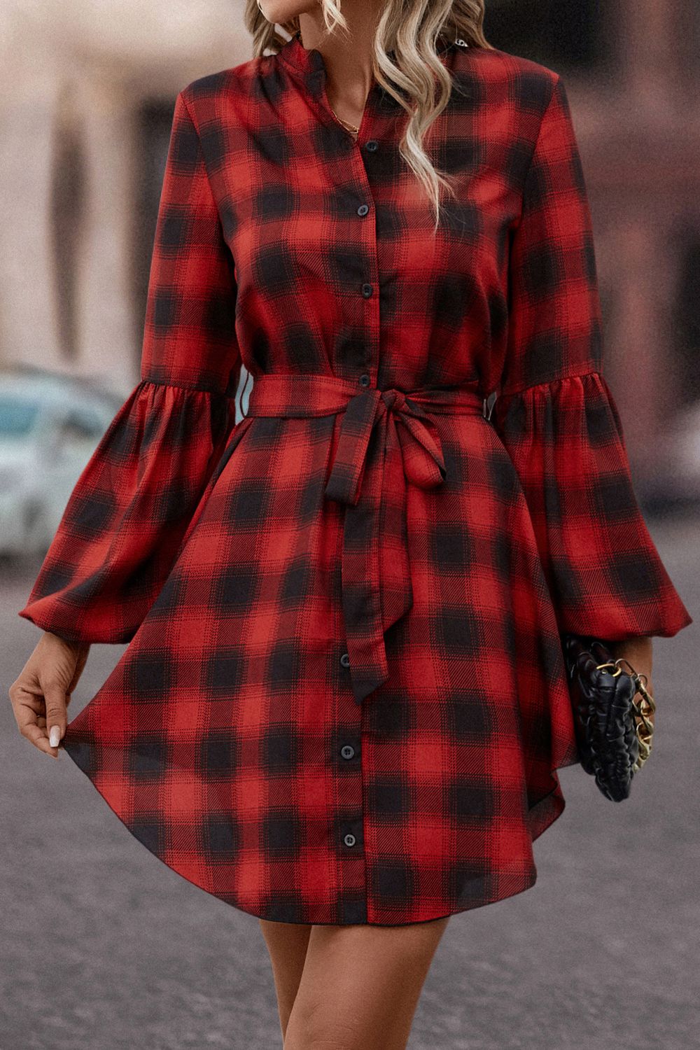 Honey Plaid Tie Waist Balloon Sleeve Mini Dress