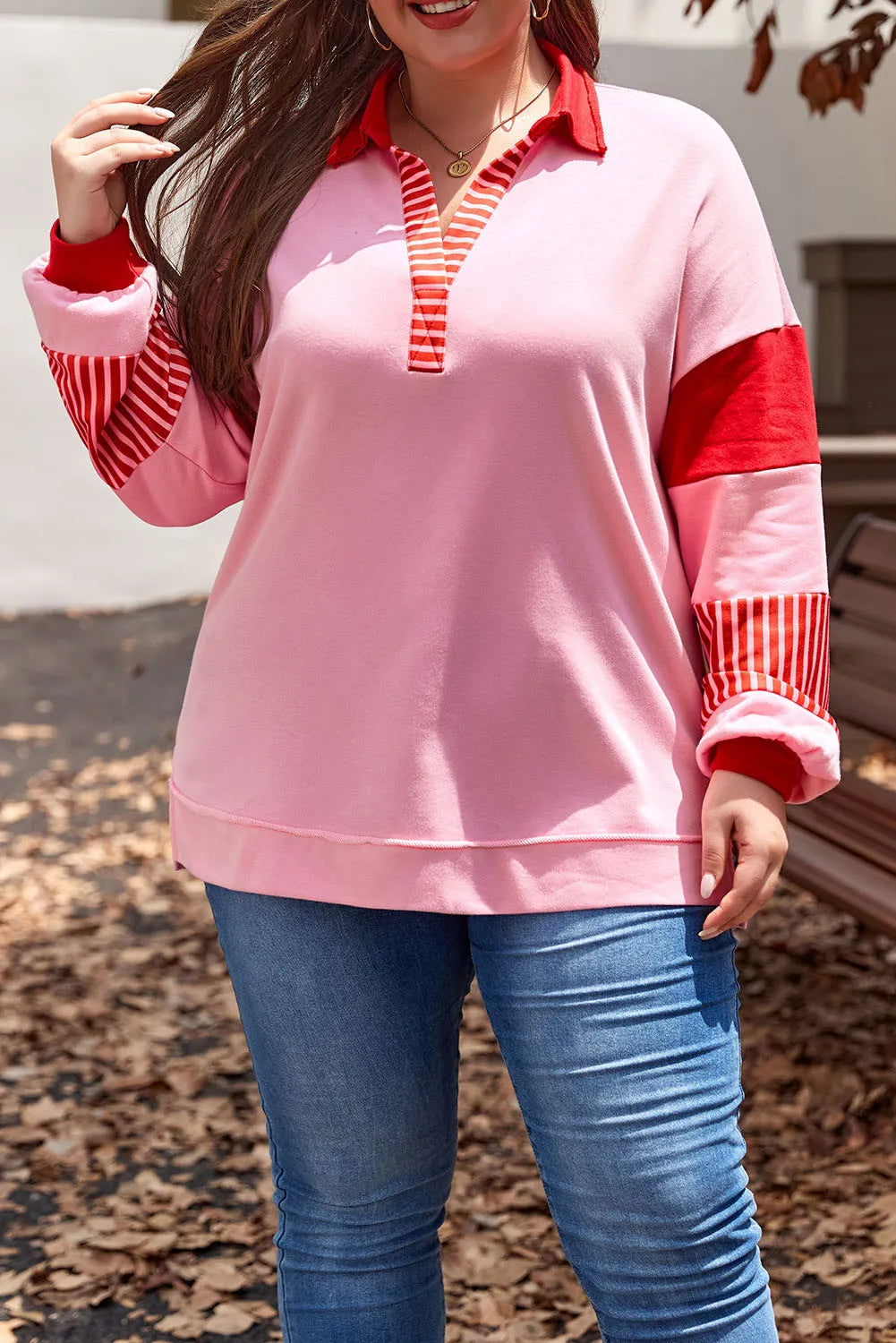 Plus Size Color Block Johnny Collar Long Sleeve Sweatshirt