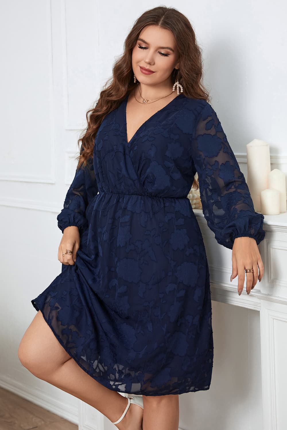 Honey Melo Apparel Plus Size Surplice Neck Balloon Sleeve Dress