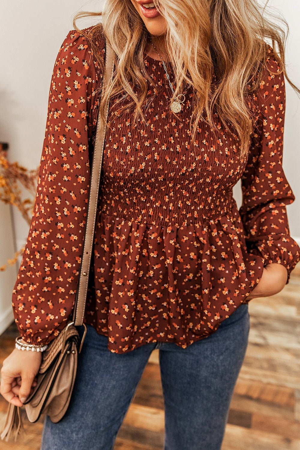 Floral Smocked Ruffle Hem Long Sleeve Blouse