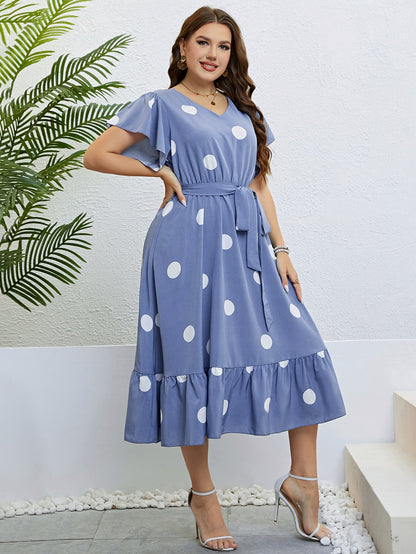 Honey Polka Dot Belted Flutter Sleeve Ruffle Hem Dress