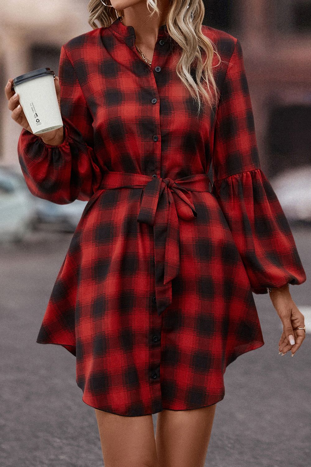 Honey Plaid Tie Waist Balloon Sleeve Mini Dress