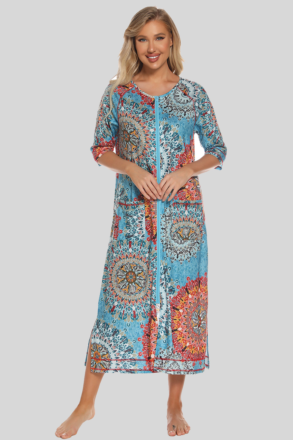 Printed Slit Night Dress with Pockets