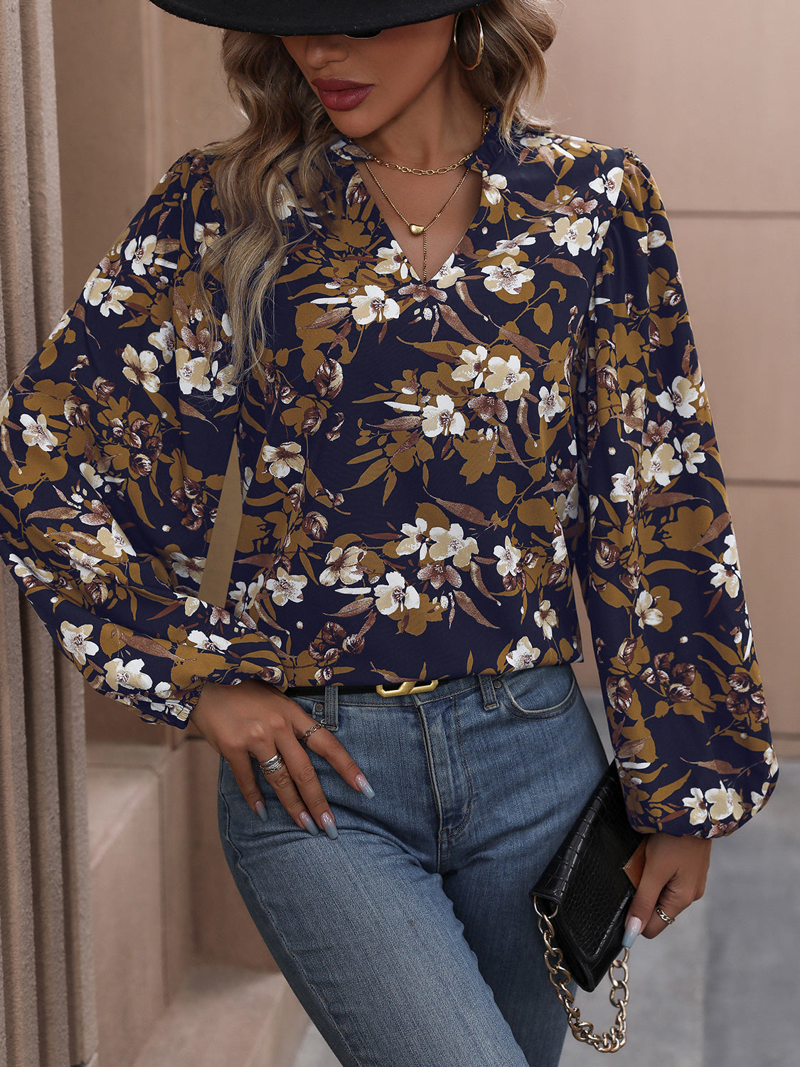 Perfee Floral Notched Balloon Sleeve Blouse