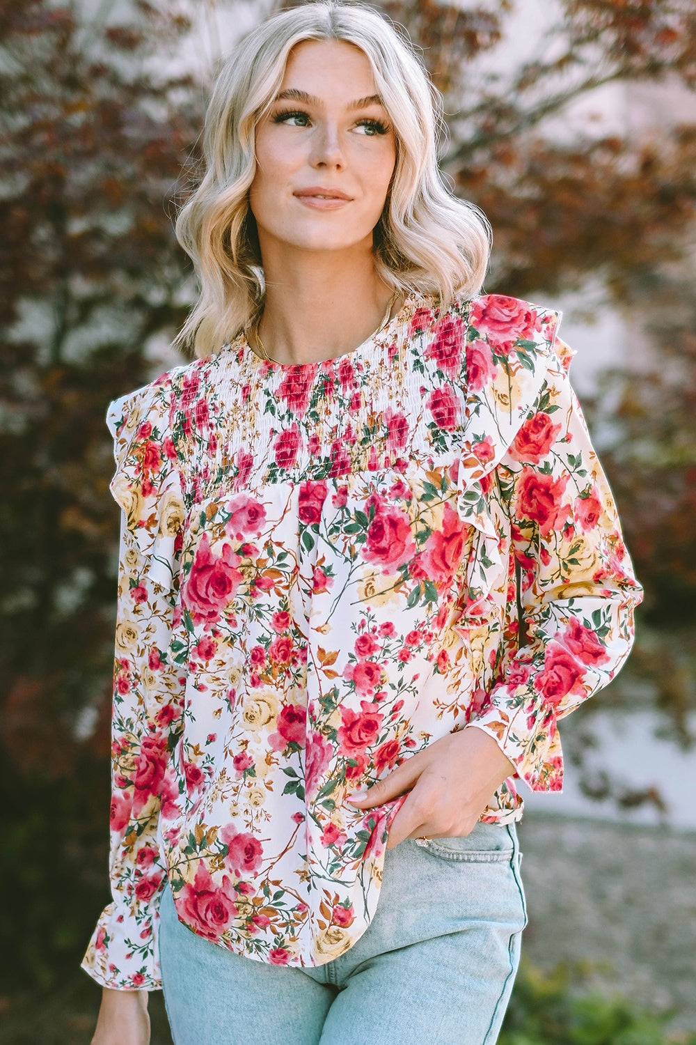 Floral Round Neck Smocked Blouse