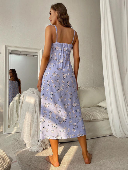 Printed Tie Shoulder Midi Night Dress