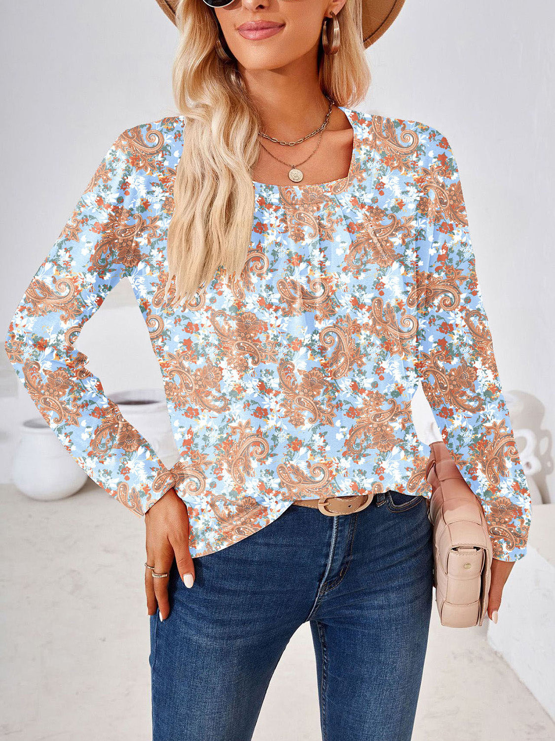 Full Size Square Neck Long Sleeve Blouse