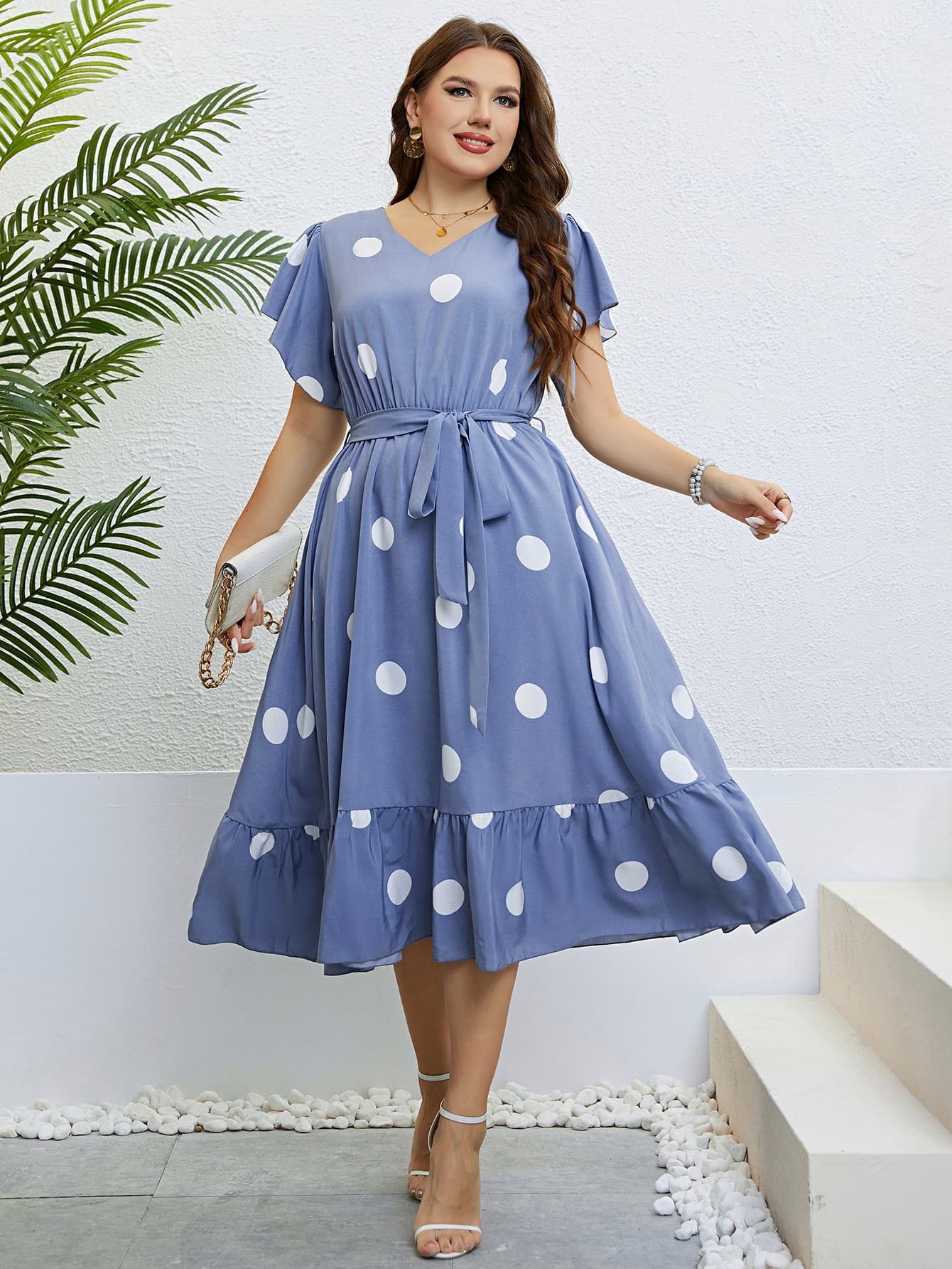 Honey Polka Dot Belted Flutter Sleeve Ruffle Hem Dress