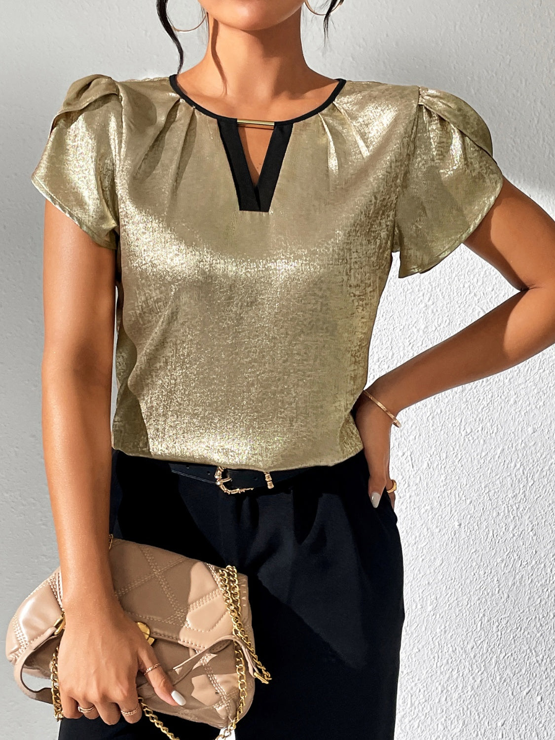 Honey Cutout Round Neck Short Sleeve Blouse