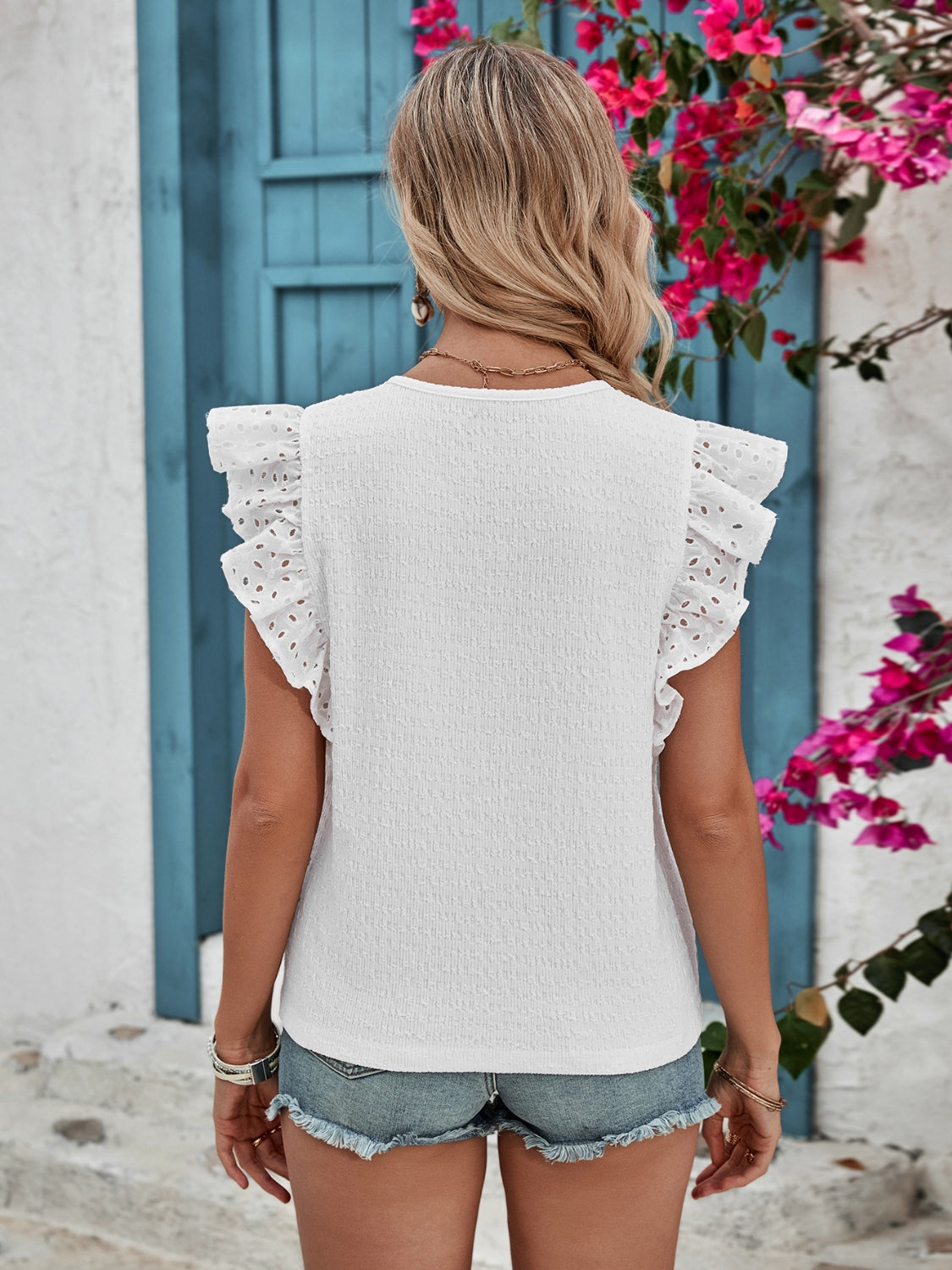 Honey Ruffled V-Neck Cap Sleeve Blouse