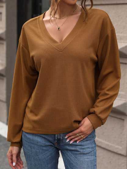 Perfee V-Neck Long Sleeve Top