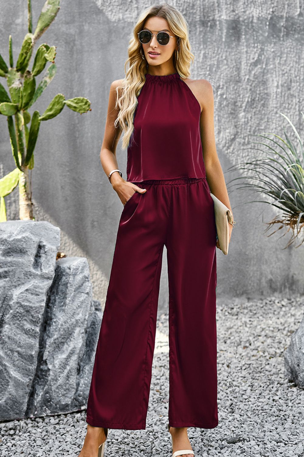 Devine Grecian Neck Sleeveless Pocketed Top and Pants Set