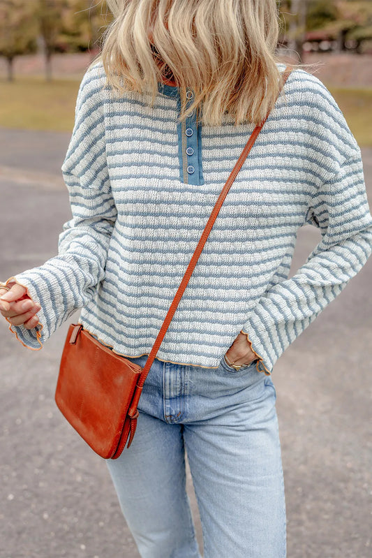 Striped Round Neck Dropped Shoulder Long Sleeve Top