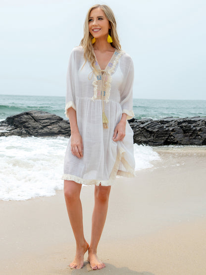 Tassel V-Neck Three-Quarter Sleeve Cover Up