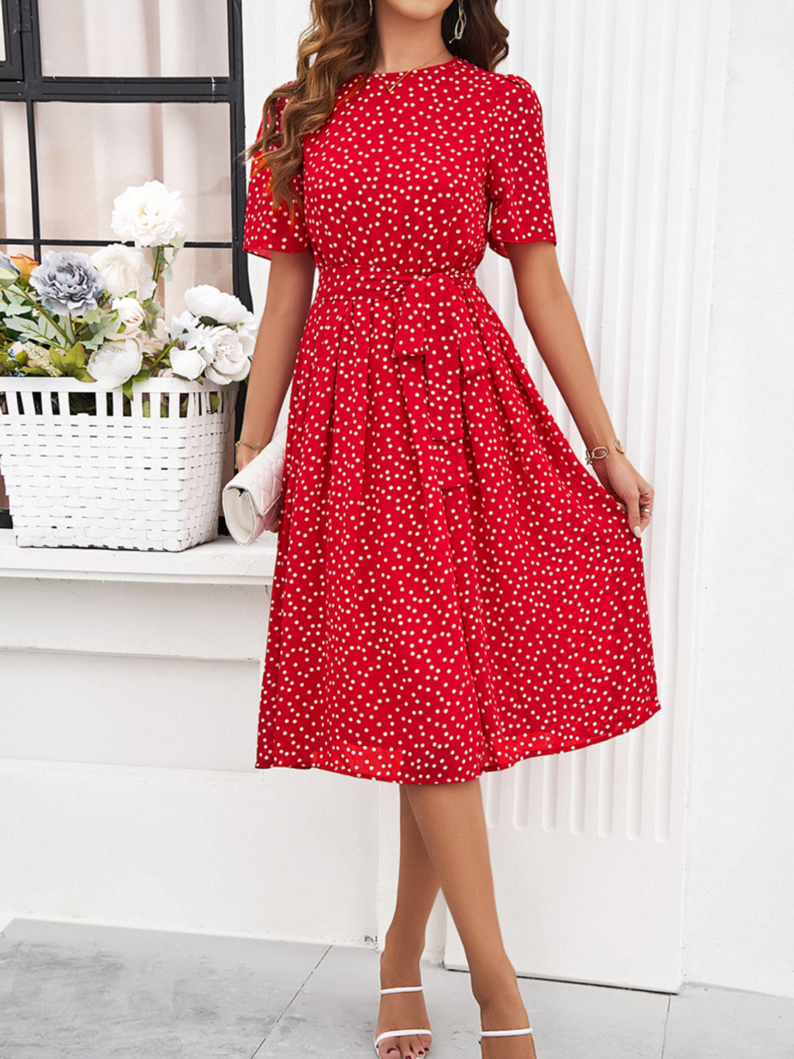 Devine Printed Round Neck Short Sleeve Dress