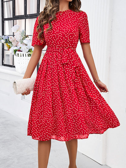 Devine Printed Round Neck Short Sleeve Dress