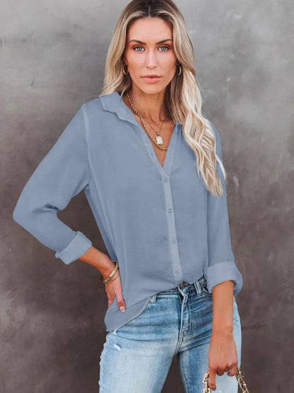 Button Down Collared Neck Long Sleeve Shirt