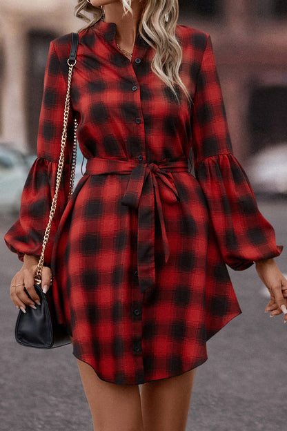 Honey Plaid Tie Waist Balloon Sleeve Mini Dress