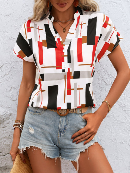 Honey Printed Notched Short Sleeve Blouse