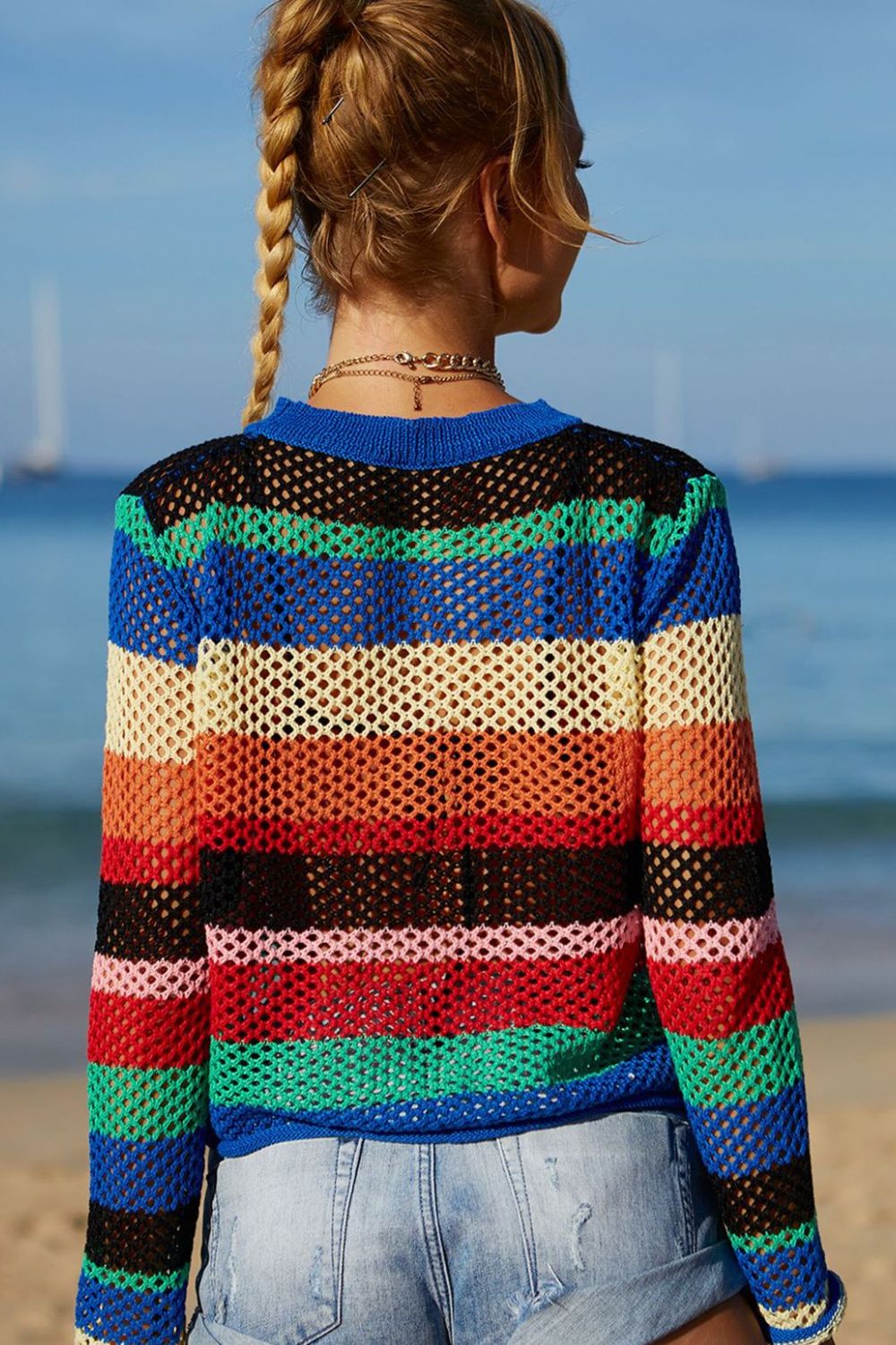 Angel Wings Rainbow Stripe Openwork Long Sleeve Cover-Up