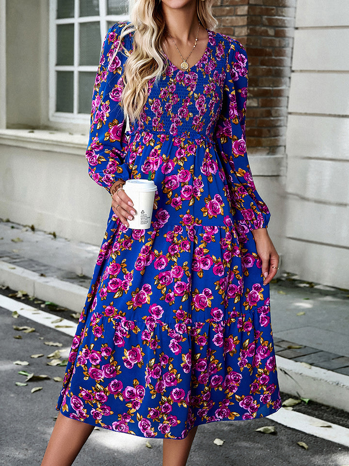 Devine Floral Print Smocked Midi Dress