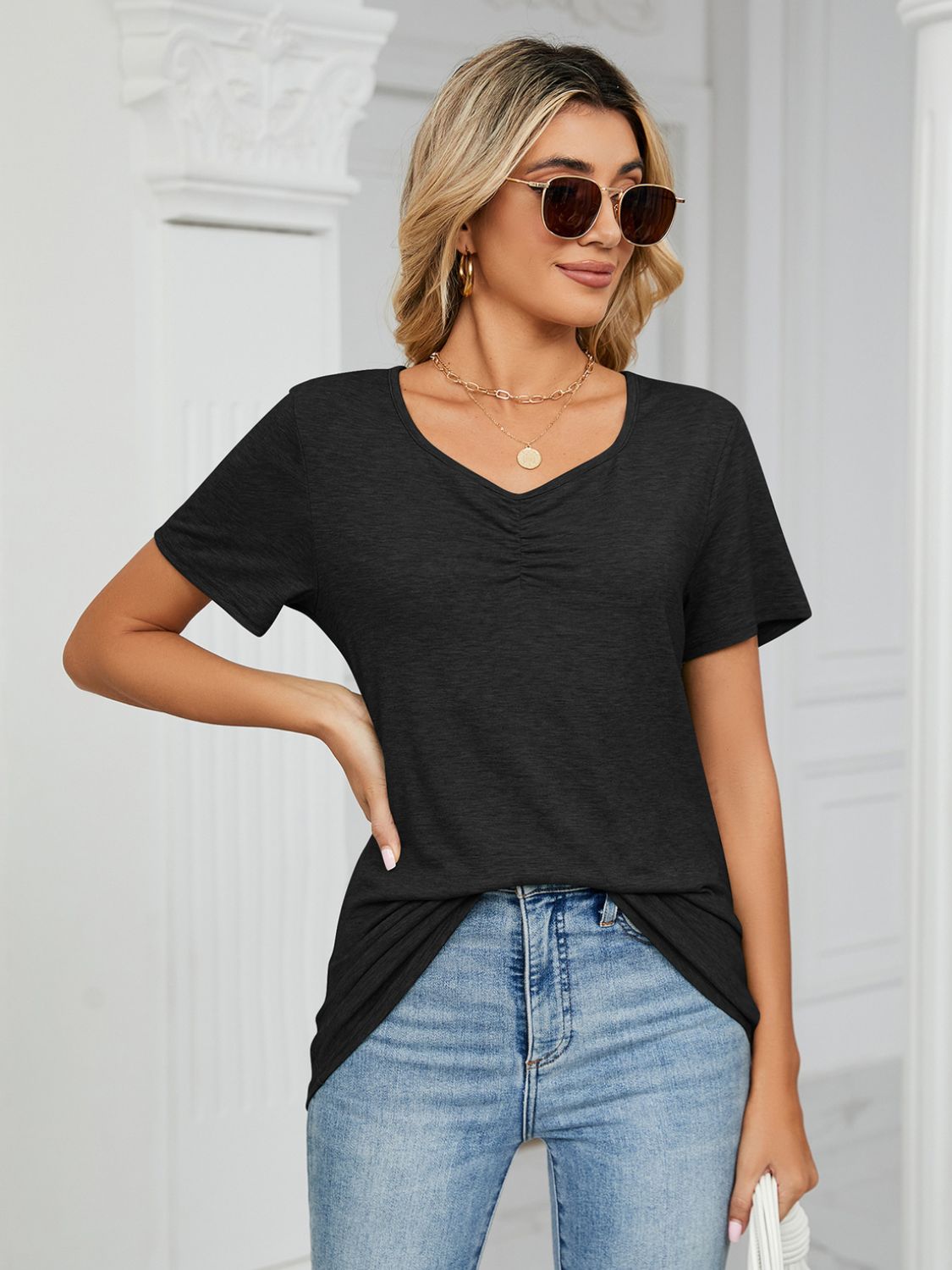 Ruched V-Neck Short Sleeve T-Shirt