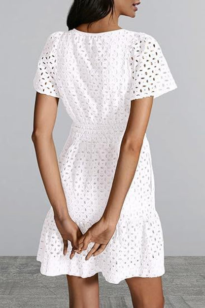 Eyelet Notched Short Sleeve Mini Dress