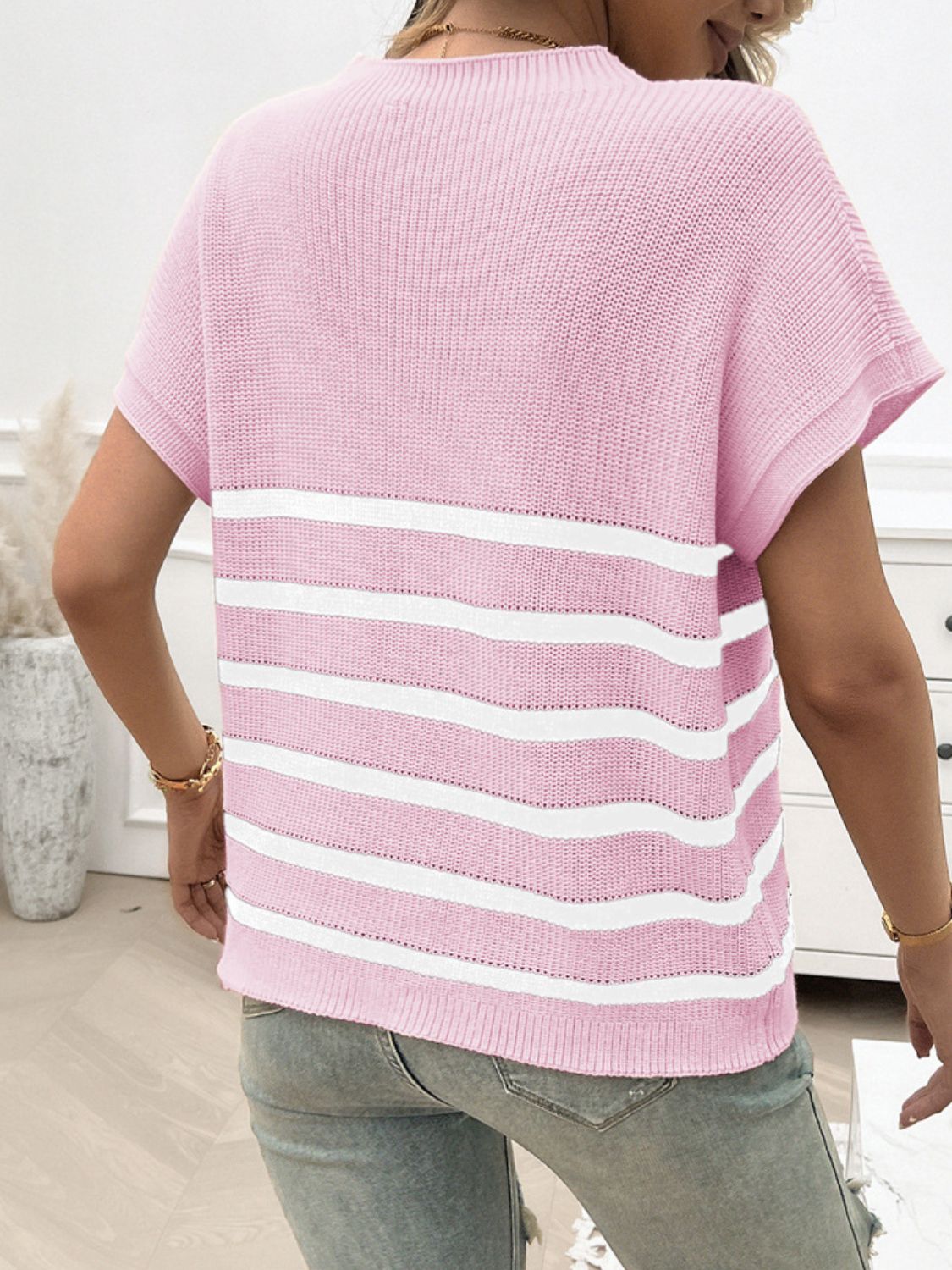 Devine Striped Round Neck Short Sleeve Sweater