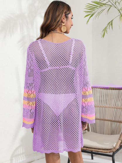 Openwork Contrast Long Sleeve Cover-Up