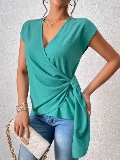 Honey Tied Surplice Neck Short Sleeve Blouse