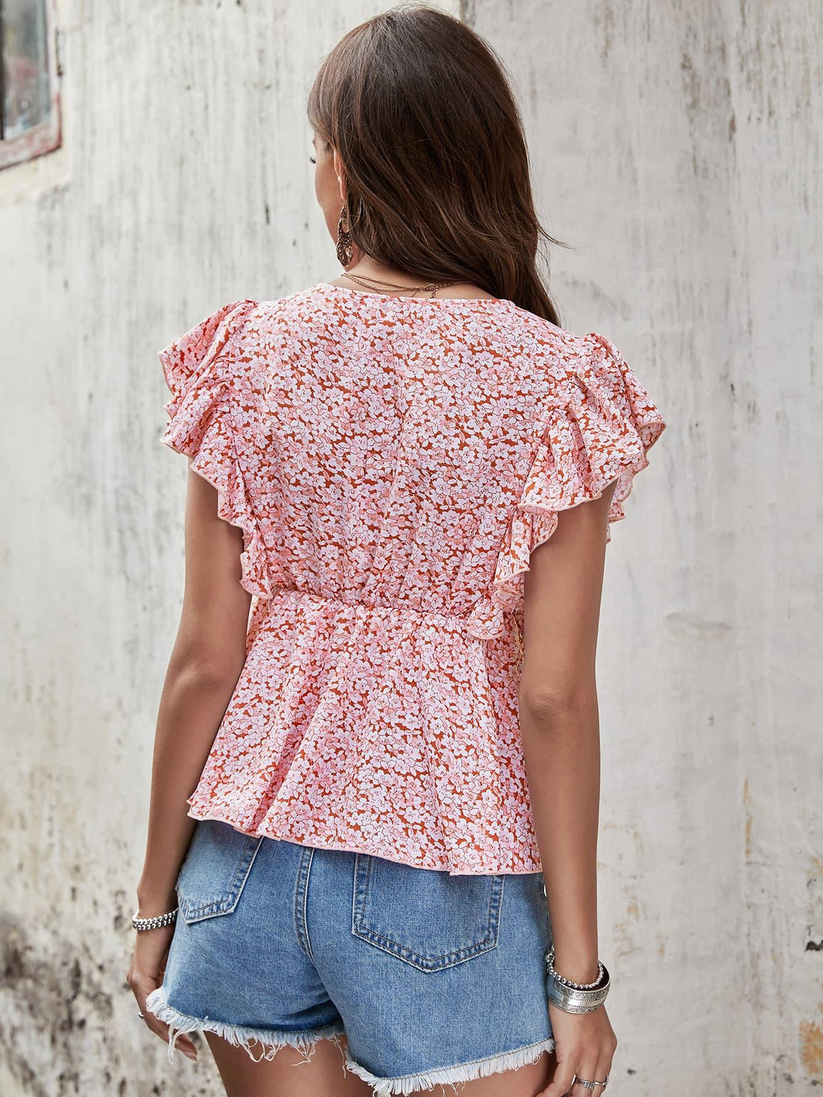 Honey Floral Butterfly Sleeve V-Neck Peplum Blouse