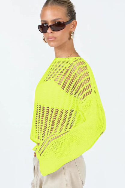 Openwork Boat Neck Long Sleeve Cover Up