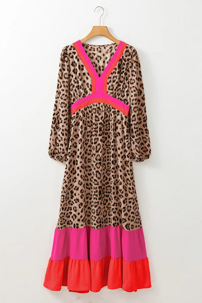 Leopard V-Neck Long Sleeve Maxi Dress