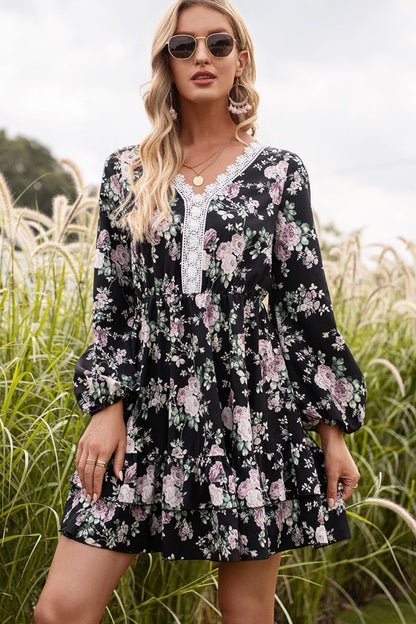 Ivy Lane Floral Lace Trim Long Sleeve Dress