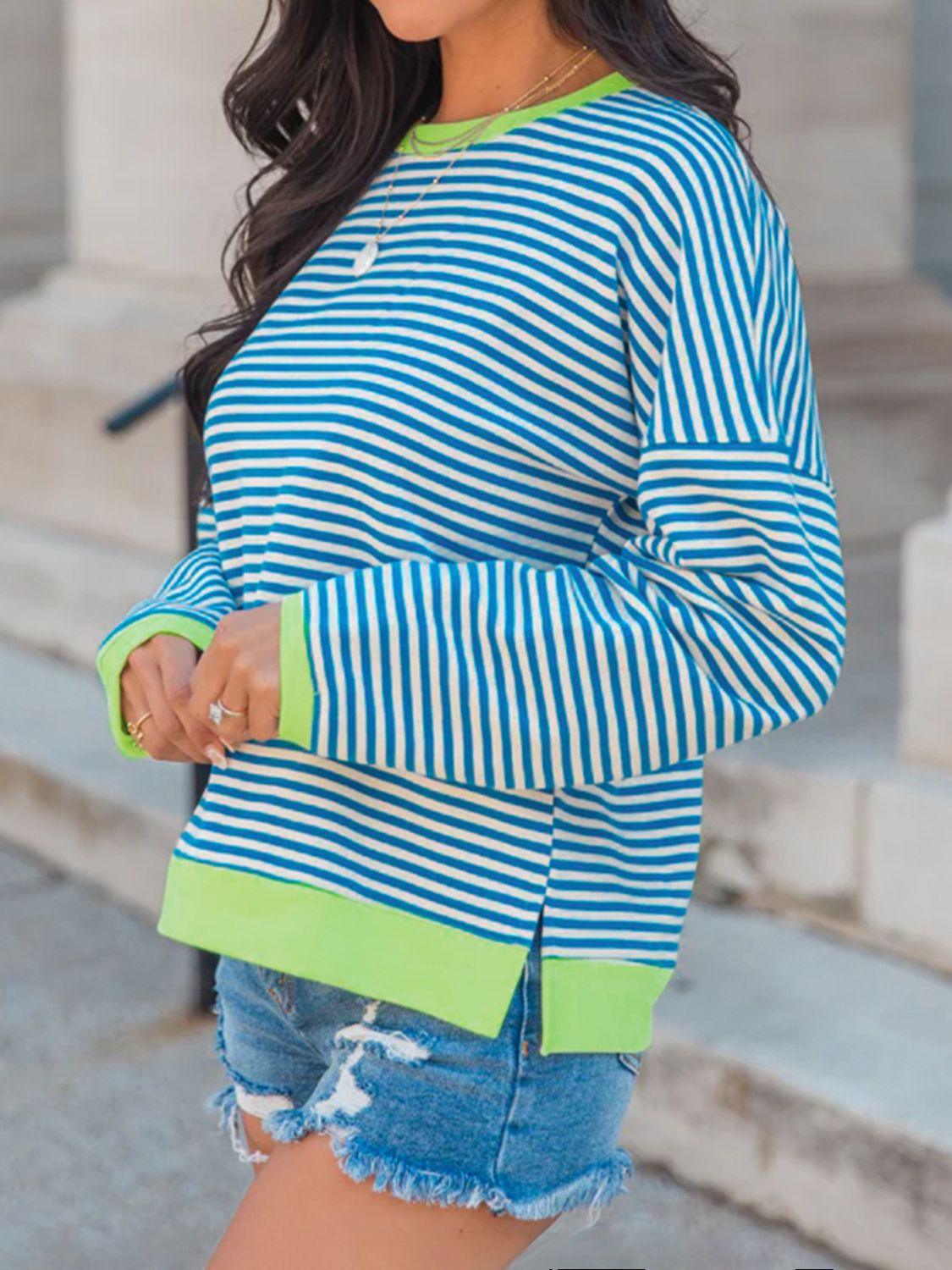 Perfee Striped Round Neck Long Sleeve Sweatshirt